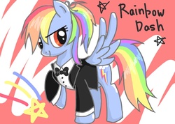 Size: 800x568 | Tagged: safe, artist:imo, rainbow dash, g4, clothes, female, pixiv, rainbow dash always dresses in style, red eyes, solo, tuxedo, wrong eye color