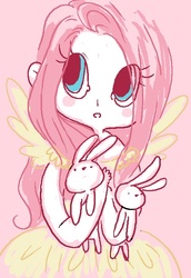 Size: 480x699 | Tagged: safe, artist:isthatwhatyoumint, fluttershy, human, rabbit, g4, animal, carrying, female, humanized, solo