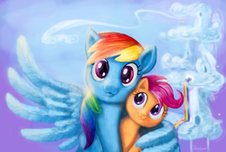 Size: 4000x2691 | Tagged: safe, artist:shaadorian, rainbow dash, scootaloo, pegasus, pony, g4, :3, cloudsdale, duo, female, filly, hug, mare, rainbow waterfall, scootalove, winghug, wings