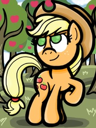 Size: 768x1024 | Tagged: safe, artist:alcoconut, applejack, g4, female, looking up, orchard, raised hoof, solo, tree