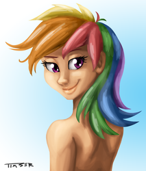 Size: 942x1104 | Tagged: safe, artist:pluckyninja, rainbow dash, human, g4, female, humanized, nudity, solo