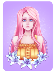 Size: 750x1000 | Tagged: safe, artist:mynxie-chu, artist:mynxuu, fluttershy, human, g4, bust, colored pupils, female, flower, humanized, lillies, looking at you, portrait, solo