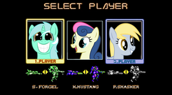 Size: 1361x753 | Tagged: safe, bon bon, derpy hooves, lyra heartstrings, sweetie drops, earth pony, pegasus, pony, unicorn, g4, female, game, hyper duel, mare, mecha