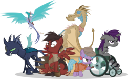 Size: 7919x4868 | Tagged: dead source, safe, artist:jittery-the-dragon, oc, oc only, oc:carinae, oc:cookie crumble, oc:oracle, oc:rhubarb, oc:serenity, oc:sparky scamper, dragon, phoenix, absurd resolution, eyepatch, fedora, hat, hoof braces, pipe, simple background, transparent background, wheelchair