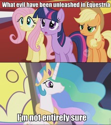 Size: 857x960 | Tagged: safe, edit, edited screencap, screencap, applejack, fluttershy, princess celestia, twilight sparkle, g4, the return of harmony, betrayal, image macro, ultima, ultima ix, uselesstia