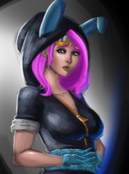 Size: 626x845 | Tagged: safe, artist:dclzexon, fluttershy, human, g4, breasts, bunny ears, busty fluttershy, clothes, dangerous mission outfit, female, goggles, hoodie, humanized, solo