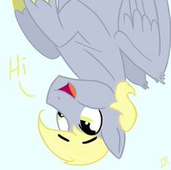 Size: 852x847 | Tagged: safe, artist:ordinarydraw, artist:when-we-say-goodbye, derpy hooves, g4, dopey hooves, hi, rule 63, solo, upside down