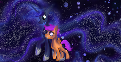 Size: 1024x524 | Tagged: safe, artist:charmingstranger, princess luna, scootaloo, g4, duo, the cosmos