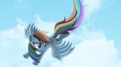 Size: 2500x1400 | Tagged: safe, artist:cryzeu, rainbow dash, g4, female, flying, solo