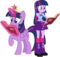 Size: 3314x3164 | Tagged: safe, artist:vector-brony, twilight sparkle, human, equestria girls, g4, big crown thingy, book, element of magic, human ponidox, magic, pony sized pony, reading, simple background, square crossover, transparent background, twilight sparkle (alicorn), vector