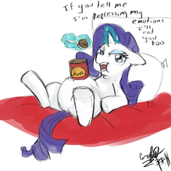 Size: 600x600 | Tagged: safe, artist:the-bigfriendlyninja, rarity, pony, unicorn, g4, belly, big belly, chubby, chunk, comfort eating, eating, fat, female, hilarious in hindsight, ice cream, magic, mare, raritubby, solo