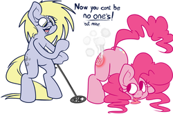 Size: 1280x844 | Tagged: safe, artist:extradan, pinkie pie, oc, oc:jerky hooves, earth pony, pegasus, pony, g4, bipedal, branding, branding iron, butt, duo, face down ass up, female, literal butthurt, mare, pain, plot, simple background, tongue out, white background, wingless