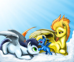 Size: 1024x859 | Tagged: safe, artist:exelzior, soarin', spitfire, oc, pegasus, pony, g4, blank flank, colt, male, mane bite, offspring, parent:soarin', parent:spitfire, parents:soarinfire, ship:soarinfire, shipping, wings