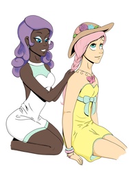 Size: 2400x3200 | Tagged: safe, artist:otpprincess, fluttershy, rarity, human, g4, alternate hairstyle, braid, dark skin, hair styling, humanized, makeover