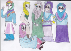 Size: 834x596 | Tagged: safe, artist:notoriousgsc, applejack, fluttershy, pinkie pie, rainbow dash, rarity, twilight sparkle, human, g4, hijab, humanized, islam, islamashy, mane six, traditional art