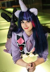 Size: 485x696 | Tagged: safe, artist:pockyprincessdarcy, twilight sparkle, human, g4, checkered socks, cosplay, irl, irl human, photo, solo