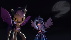 Size: 1920x1080 | Tagged: safe, artist:drdicksamazingstick, princess luna, oc, oc:midnight blossom, alicorn, bat pony, pony, g4, 3d, female, filly, flying, frown, glare, gritted teeth, looking at you, mare, moon, night, slit pupils, source filmmaker, spread wings, wings, woona, younger
