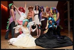 Size: 1481x1000 | Tagged: safe, artist:chiara scuro, applejack, fluttershy, nightmare moon, pinkie pie, princess celestia, rarity, spike, twilight sparkle, human, g4, barb, cosplay, group photo, irl, irl human, otakon, photo, rule 63