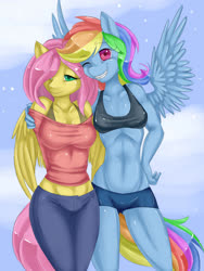 Size: 1663x2207 | Tagged: safe, artist:misukitty, fluttershy, rainbow dash, anthro, g4, abs, belly button, breasts, clothes, compression shorts, female, lesbian, midriff, ship:flutterdash, shipping, sports bra