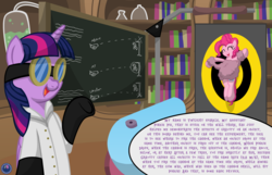 Size: 4000x2572 | Tagged: safe, artist:template93, pinkie pie, twilight sparkle, alicorn, pony, g4, clothes, female, high res, homework, lab coat, laboratory, mare, physics, science, twilight sparkle (alicorn)