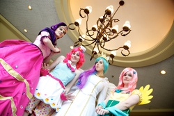 Size: 1680x1120 | Tagged: safe, artist:cepiapon, artist:sadwonderland, artist:windaria, fluttershy, pinkie pie, princess celestia, rarity, human, g4, animenext, clothes, cosplay, dress, gala dress, irl, irl human, photo