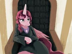 Size: 1280x960 | Tagged: safe, artist:corvusb, princess celestia, g4, alternate hairstyle, clothes, dress, female, pink-mane celestia, pinklestia, solo, throne, younger