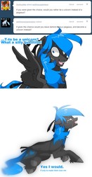 Size: 639x1216 | Tagged: safe, artist:kilo, oc, oc only, oc:fire juggler blue, ask, bow, crying, sad, solo, tail bow, tumblr