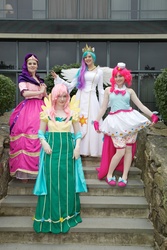 Size: 1120x1680 | Tagged: safe, artist:cepiapon, artist:g0n3morganna, artist:sadwonderland, artist:windaria, fluttershy, pinkie pie, princess celestia, rarity, human, g4, animenext, clothes, cosplay, dress, gala dress, irl, irl human, photo