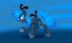 Size: 1280x761 | Tagged: safe, artist:loosepopcorn, oc, oc only, oc:fire juggler blue, bow, solo, tail bow