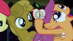 Size: 640x355 | Tagged: safe, edited screencap, screencap, apple bloom, scootaloo, sweetie belle, g4, one bad apple, caption, cutie mark crusaders, luster dust, meme, sweetie gold, timer, youtube caption
