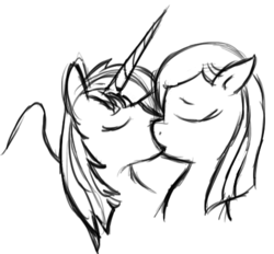 Size: 473x439 | Tagged: safe, oc, oc only, oc:fausticorn, female, kissing, lauren faust, lesbian, meghan mccarthy, monochrome, staff shipping