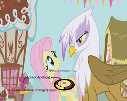 Size: 750x600 | Tagged: safe, edit, edited screencap, screencap, fluttershy, gilda, duck, griffon, pegasus, pony, g4, griffon the brush off, dialogue wheel, female, mare, mass effect, meme, wrong aspect ratio