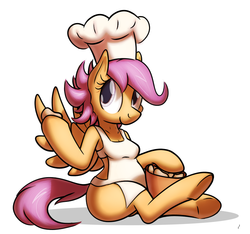 Size: 800x750 | Tagged: safe, artist:tg-0, scootaloo, anthro, semi-anthro, g4, apron, arm hooves, chef's hat, chicken nugget, clothes, female, hat, naked apron, scootachicken, sitting, solo