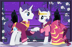 Size: 1925x1245 | Tagged: dead source, source needed, safe, artist:jaquelindreamz, rarity, pony, unicorn, g4, blushing, clothes, dress, elusive, female, gala dress, gala suit, glass slipper (footwear), grand galloping gala, male, mare, rule 63, self ponidox, selfcest, ship:rarilusive, shipping, stallion, straight, suit