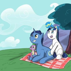 Size: 1280x1280 | Tagged: safe, artist:fuzebox, night light, shining armor, spike, g4, cloud, cloudy, cute, family, field, hat, looking up, male, picnic, picnic blanket, sky, spikelove, tree, watching, younger