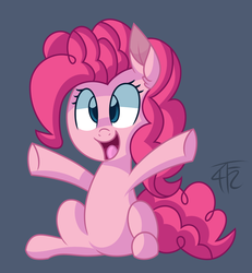 Size: 1288x1392 | Tagged: dead source, safe, artist:php92, pinkie pie, earth pony, pony, g4, cute, diapinkes, ear fluff, female, gray background, happy, mare, open mouth, simple background, sitting, smiling, solo