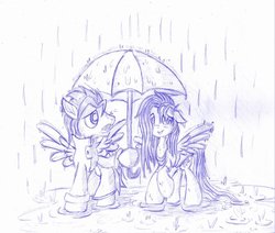 Size: 971x823 | Tagged: safe, artist:piterq12, fluttershy, oc, oc:lockwood, g4, canon x oc, crisis:equestria, monochrome, rain, shipping, traditional art, umbrella