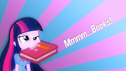 Size: 1920x1080 | Tagged: dead source, safe, artist:aumashy, twilight sparkle, alicorn, human, equestria girls, g4, bibliovore, book, drool, female, humans doing horse things, nom, solo, sunburst background, twilight sparkle (alicorn), vector, wallpaper