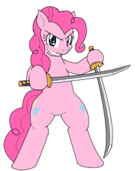 Size: 740x936 | Tagged: safe, artist:tetsutowa, pinkie pie, earth pony, pony, g4, badass, bipedal, dual wield, female, katana, my battle pony, pixiv, simple background, solo, sword, weapon, white background