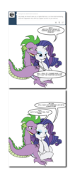 Size: 840x1856 | Tagged: safe, artist:dekomaru, rarity, spike, tumblr:ask twixie, g4, ask, female, male, older, ship:sparity, shipping, snuggling, straight, tumblr