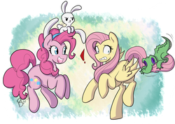 Size: 2024x1432 | Tagged: safe, artist:blackswhites, angel bunny, fluttershy, gummy, pinkie pie, g4, pet, role reversal, swap, swapped