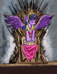 Size: 1700x2203 | Tagged: safe, artist:thelivingshadow, twilight sparkle, alicorn, pony, g4, a song of ice and fire, big crown thingy, clothes, coronation dress, crossover, dress, female, game of thrones, iron throne, mare, solo, throne, tiara, twilight sparkle (alicorn)