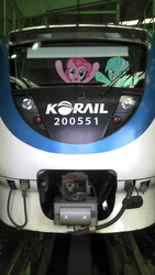 Size: 743x1322 | Tagged: source needed, safe, lyra heartstrings, pinkie pie, pony, g4, edited photo, irl, korail, photo, railroad, railroad pony, south korea, train