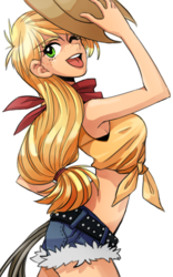 Size: 500x800 | Tagged: safe, artist:bartolomeus_, applejack, human, g4, ;p, bandana, clothes, daisy dukes, female, freckles, front knot midriff, hat, humanized, midriff, one eye closed, rope, simple background, solo, tongue out, white background, wink