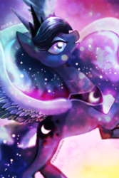 Size: 650x975 | Tagged: safe, artist:bartolomeus_, princess luna, alicorn, pony, g4, abstract background, crown, ethereal mane, female, horn, jewelry, looking up, regalia, smiling, solo, spread wings, wings