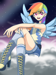 Size: 600x800 | Tagged: safe, artist:bartolomeus_, rainbow dash, human, g4, clothes, cloud, converse, female, high heel boots, humanized, night, shoes, solo, winged humanization, wonderbolt trainee uniform