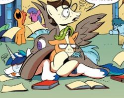 Size: 504x400 | Tagged: safe, idw, official comic, 8-bit (g4), gaffer, gizmo, shining armor, earth pony, pegasus, pony, unicorn, g4, spoiler:comic, spoiler:comic11, annoyed, coat markings, not gay, pony pile, socks (coat markings), space invaders, taito