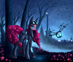 Size: 1400x1200 | Tagged: safe, artist:asimos, pinkie pie, earth pony, parasprite, pony, g4, badass, beautiful, bodysuit, catsuit, concave belly, cyberpunk, drone, female, goggles, impossibly large ears, long legs, long mane, long tail, night vision goggles, pinkie spy, slender, sneaking suit, solo, splinter cell, stealth, stealth suit, tail, tall, thin