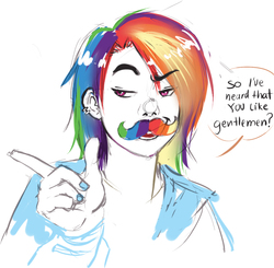 Size: 800x783 | Tagged: safe, artist:glasmond, rainbow dash, human, g4, dialogue, female, humanized, mousdash, moustache, nail polish, solo