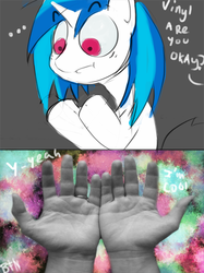 Size: 500x670 | Tagged: artist needed, safe, dj pon-3, vinyl scratch, g4, female, hallucination, hand, solo, trippy, wat